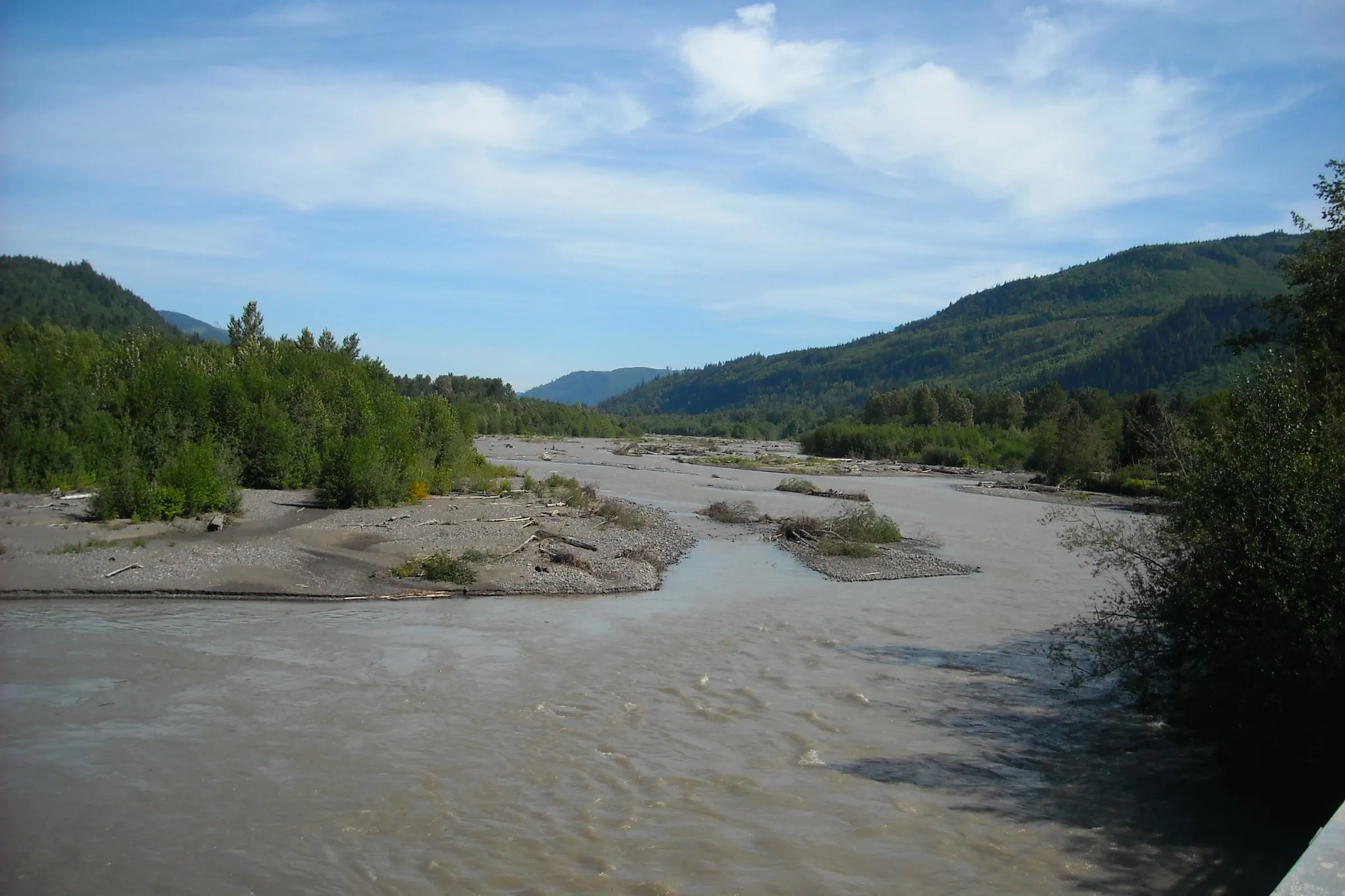 Braided gravel bars and side channels of the North Fork Nooksack River seen from the Mosquito Lake Road bridge near Deming